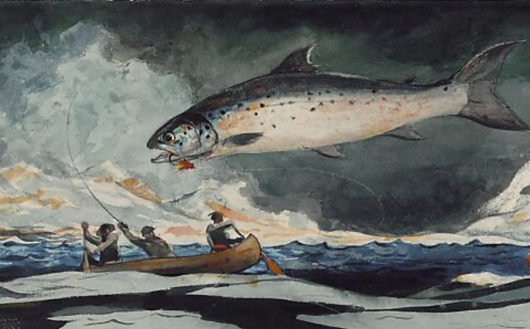 A Good Pool by Winslow Homer (American, 1895) 🐟
Homer shows off the prized ouananiche, a silver-gray landlocked salmon that comes from the waters around Lake Saint-Jean, Canada. In a struggle, three men&mdash;including French-Canadian and Indigenous