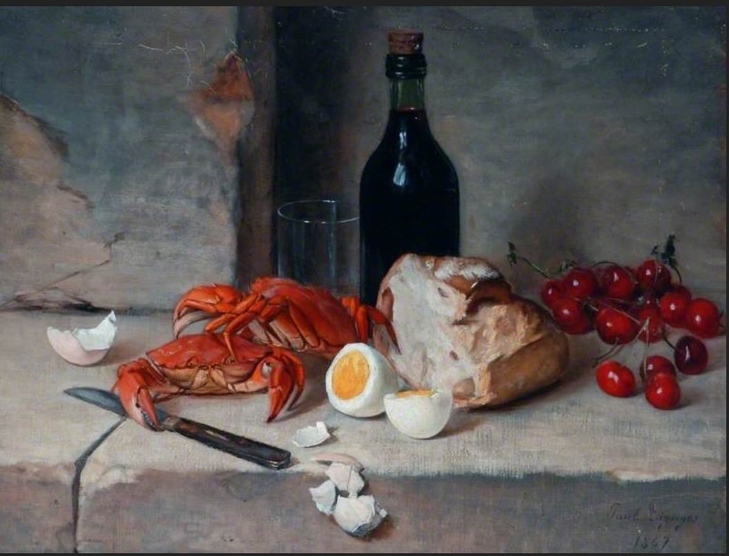 Still Life with Crabs and a Bottle by Paul Jean Baptiste Lazerges (French, 1867) 🦀🍶🥚🍞

#historyeats #foodhistory #arthistory #historyoffood #historyofart