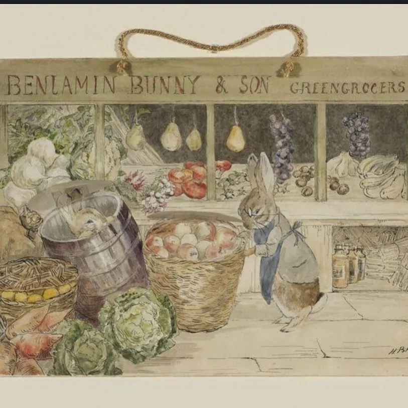 Benjamin Bunny &amp; Son Greengrocers, painted by Beatrix Potter in 1891 🍐🫜🥕🥒🐰
Anyone else remember Benjamin Bunny fondly? 🐇

#historyeats #foodhistory #arthistory #benjaminbunny #beatrixpotter #history #historian