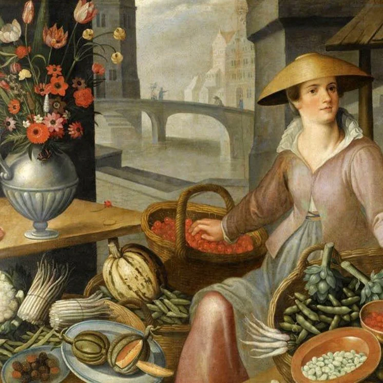 Detail from An Allegory of Autumn: A Market Stall next to a Canal with a Woman Selling Vegetables by Frans de Saive (Flemish, c. 1600) 🍁🍂

#historyeats #arthistory #foodart #stilllife #dutchart #dutchgoldenage #flemishart #greatart #foodlover