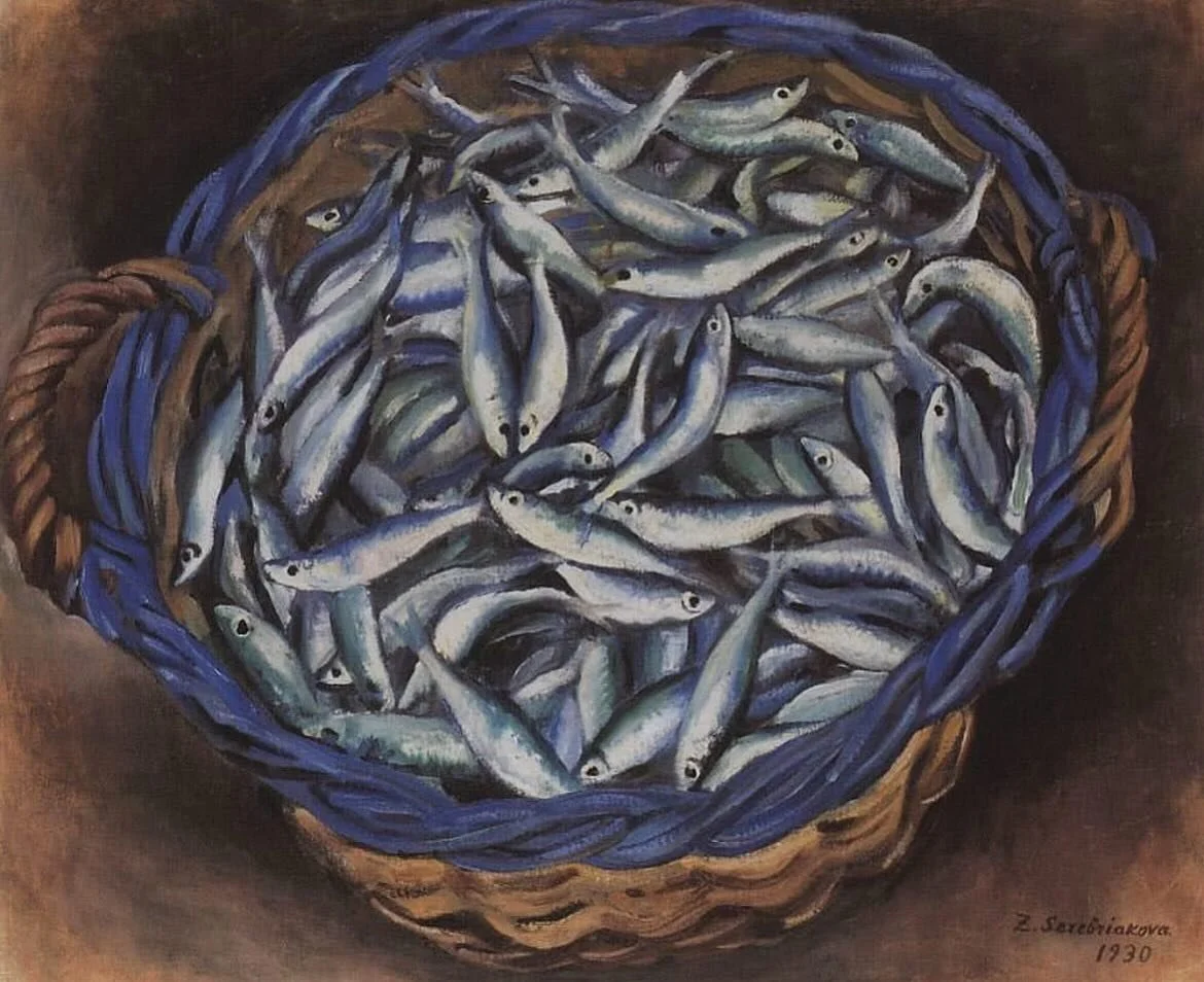 Sardines by Zinaida Serebriakova (French, 1930) 🎣
A confectioner named Joseph Colin opened the first fish canning factory in France in 1824, igniting the canned sardine industry 🇫🇷

#historyeats #foodhistory #foodart #frenchfood #sardines #fish #a