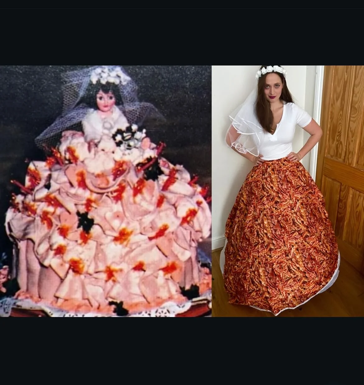The Historyeats Halloween costume this year is a 1950s meat bride doll 👰&zwj;♀️🥓What do you think?! Terrifying right! The bacon fabric was surprisingly hard to find&hellip; 🤣👻

#halloweencostume #halloween #foodcostume #foodiesofinstagram #vintag