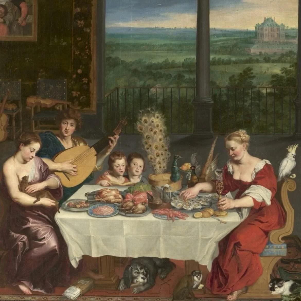 Detail from Jan Brueghel the Elder, Hearing, Touch, and Taste (Flemish, 1616-18) 👅
Several details in the painting symbolise the senses. Taste is represented by the lady about to eat some oysters, as do two paintings in the  background - and The Pun