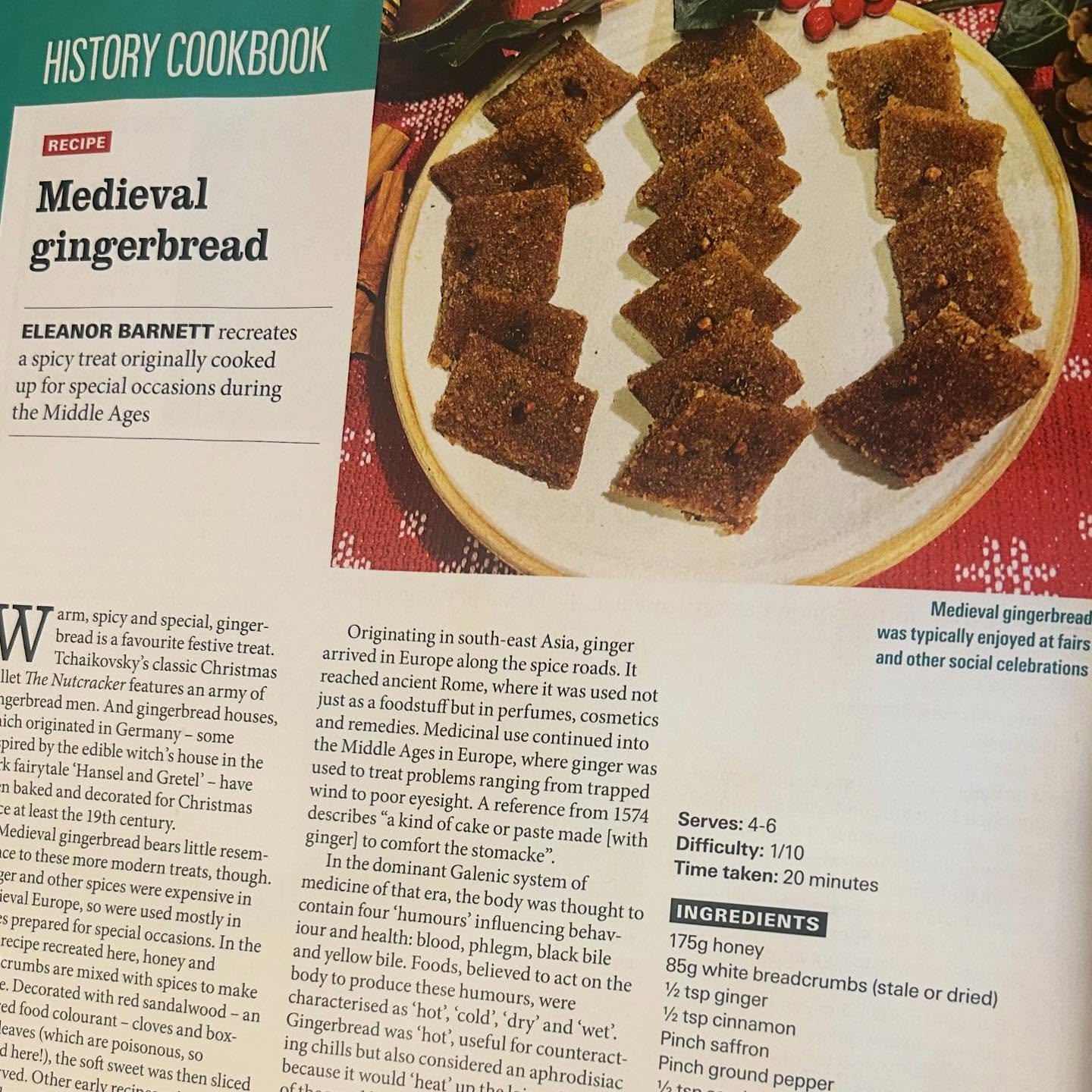 Make sure you try out my recipe for medieval gingerbread in the Christmas edition of BBC History Magazine 🎄 @historyextra

Early recipes like this one mix honey with breadcrumbs and spices to make a delicious, warming paste. By the 17th century hone