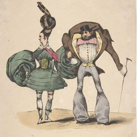Anyone else think they look like they&rsquo;re dressed as a turkey and Brussels sprouts, or have I just had too much Christmas food now? 🤣 
This is a page from The Fashions of 1830: A Further Degree of Perfection, a French book that mocked the elabo