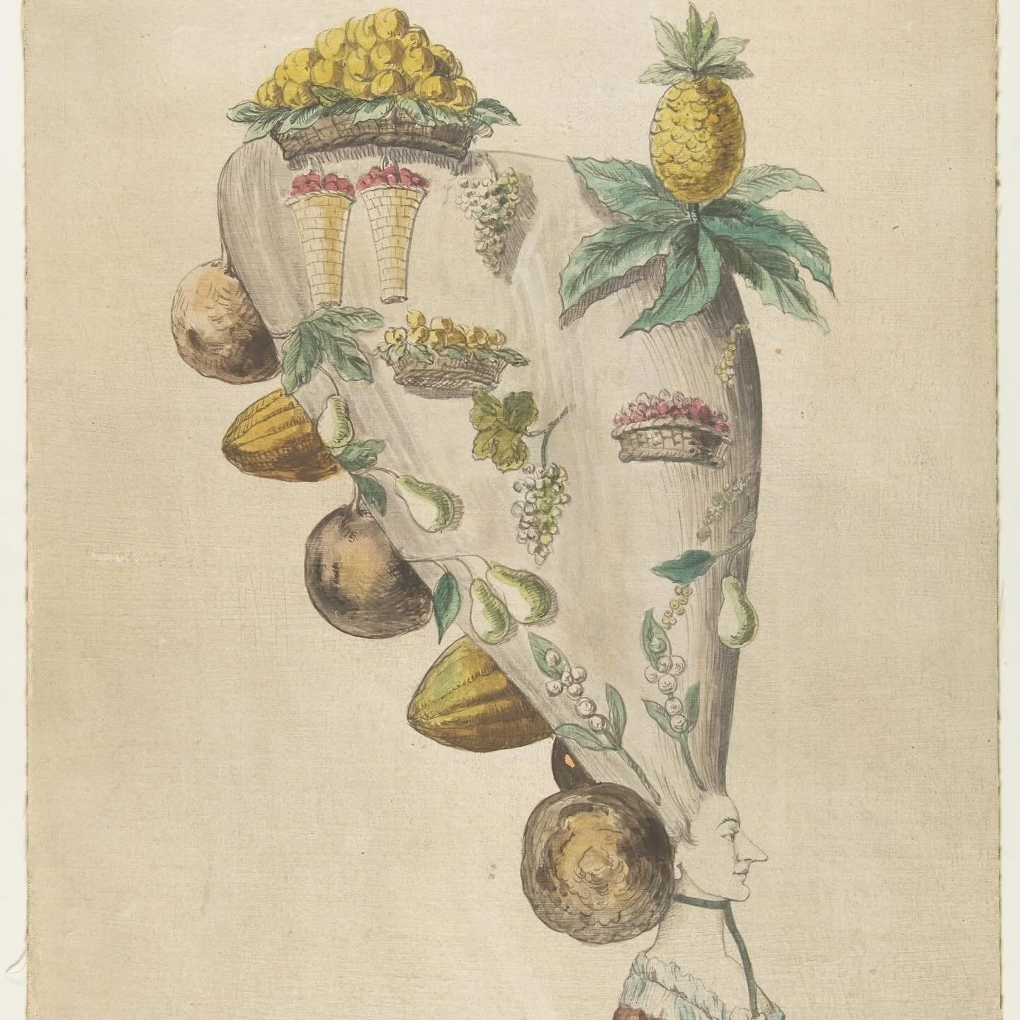 Hair goals? 🤣 A satirical print mocking the extravagant hairstyles of wealthy women in 18th century published by Matthew Darly. On top of her fantastical bouffant is a basket of peaches and a pineapple, which were then extremely expensive and luxuri