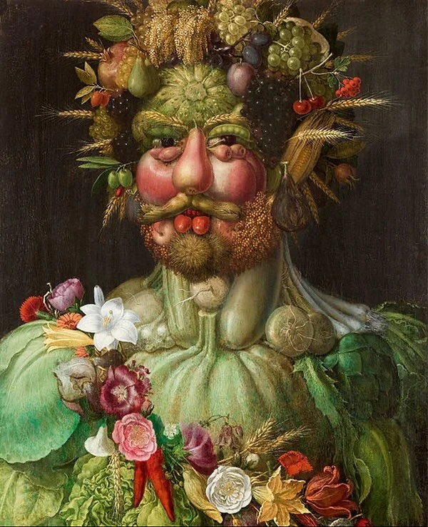 Giuseppe Arcimboldo&rsquo;s Vertumnus was made for Rudolf II of Habsburg, who wanted to be presented as the Roman god of seasons, gardens and fruit trees (Italian, 1591) 🍏🍋🍋&zwj;🟩🍓🍑🥝🍌🥭🫐
More than a visual joke, the painting fed into the Ren