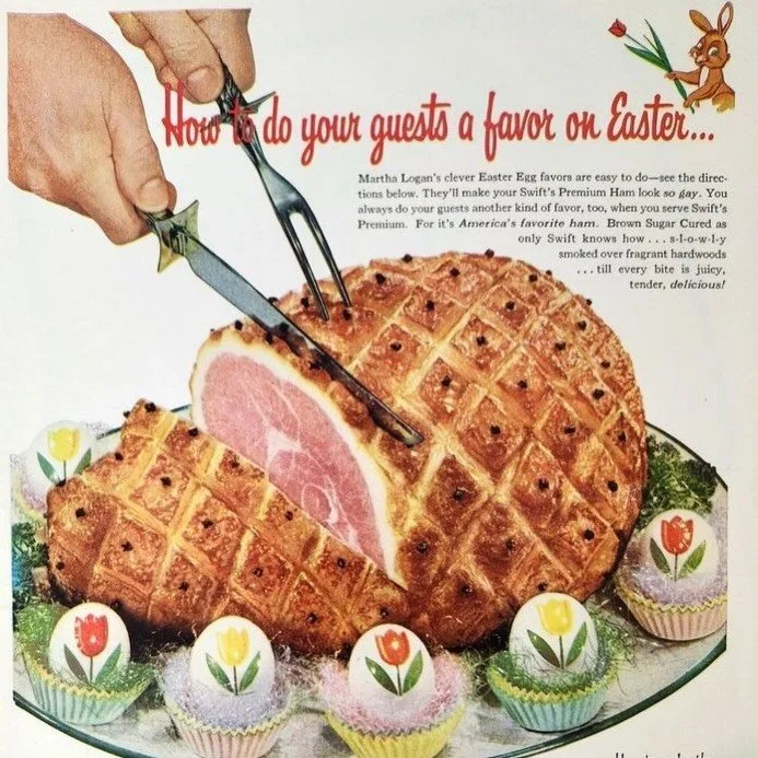 Swifts Premium Easter Ham advert 1954 🍖 

Lamb is a traditional food to eat at Easter time since Jesus was thought to have eaten lamb at the Last Supper, as in the Jewish custom of sacrificing a lamb at Passover. This week-long festival celebrates t