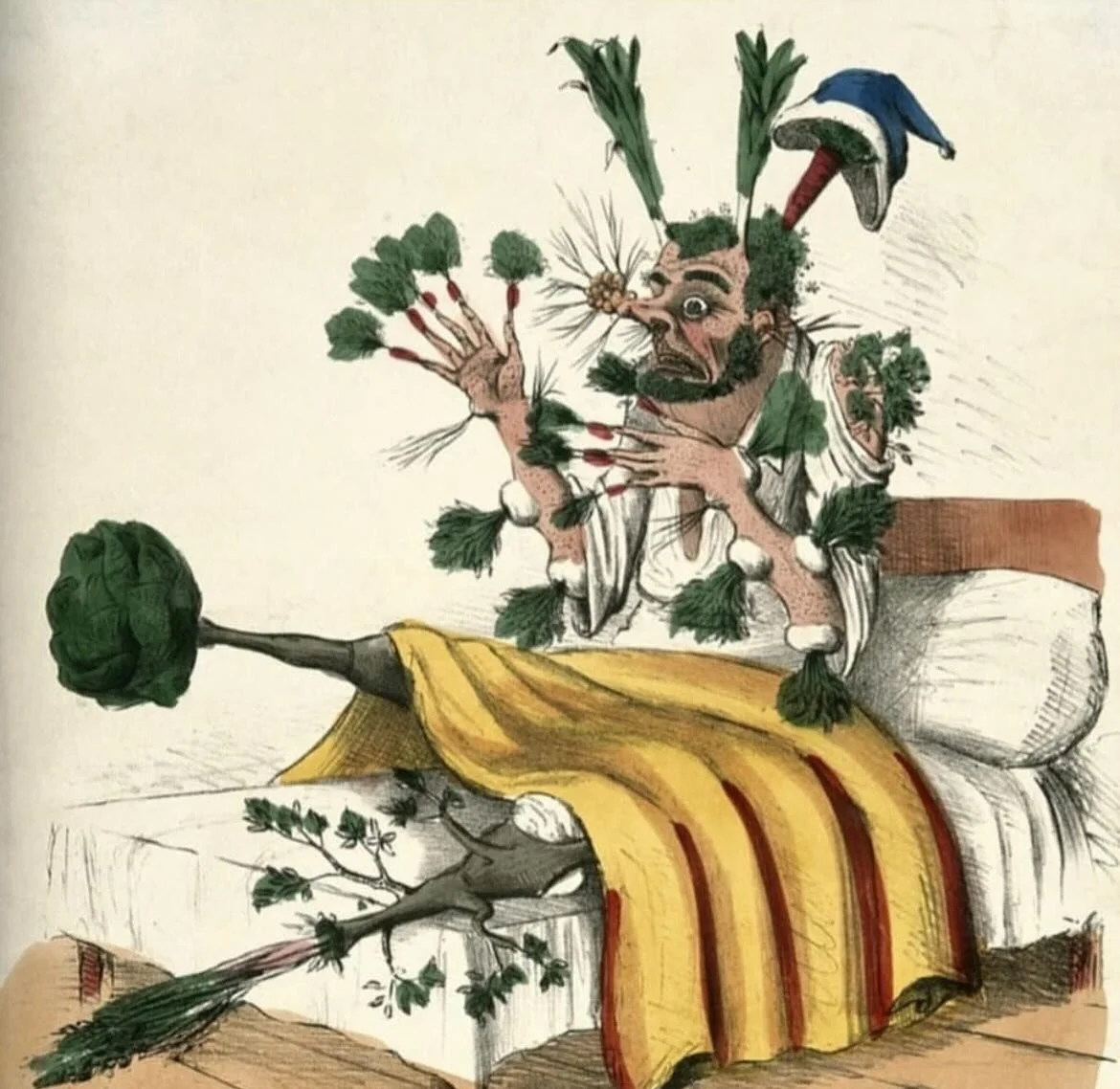 A caricature showing a man in bed with vegetables sprouting out of all his body parts apparently as a result of taking an overdose of James Morison&rsquo;s &lsquo;vegetable pills&rsquo; 🥦🥬💊
In response to the adulteration of medicines by conventio