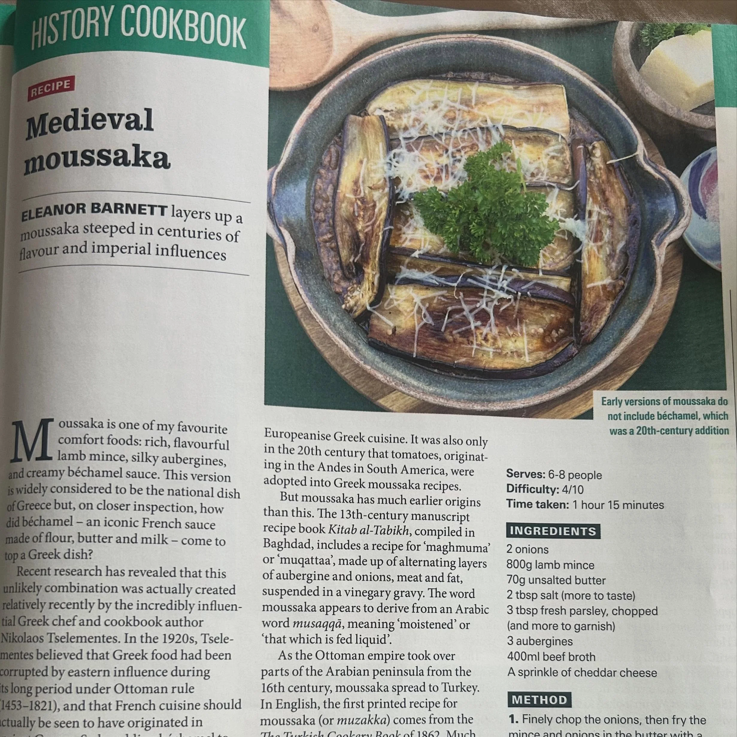 This month&rsquo;s historical recipe for @historyextra is Medieval Moussaka! Moussaka is one of my favourite comfort foods and it turns out it has a fascinating history too - only in the 1920s did a Greek chef add French b&eacute;chamel sauce to what