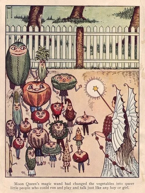An illustration from the 1924 children&rsquo;s book Venturous Vegetables at the Frolic Grounds, written and illustrated by T. Benjamin Faucett, in which vegetables were magically transformed into sentient beings! 🍏🍅🥦🧅🥕

#foodhistory #arthistory 