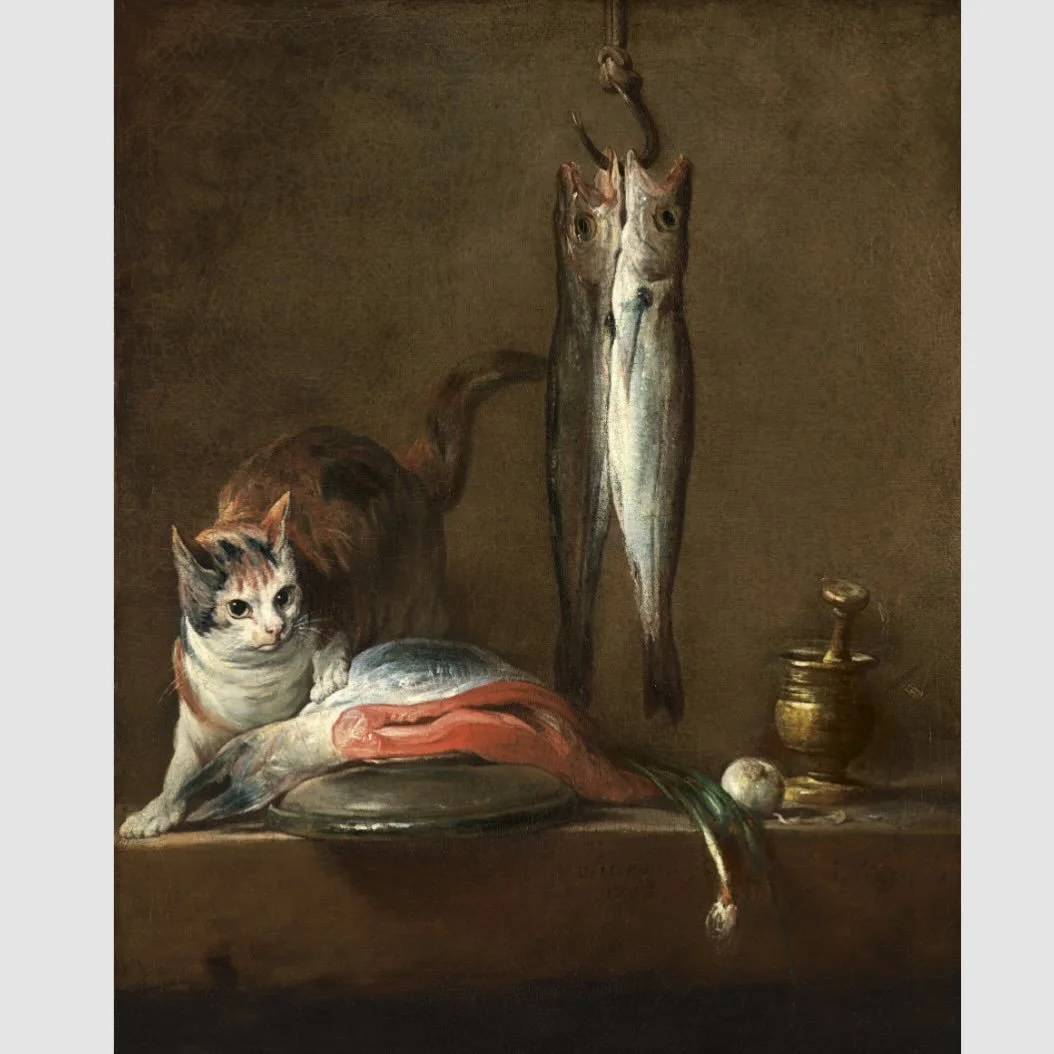 Still Life with Fish (featuring a cheeky hungry cat 🐱) by Jean Baptiste Sim&eacute;on Chardin (French,  1728) in Museo Nacional Thyssen-Bornemisza, Madrid 🐟🐠

#foodhistory #frenchart #arthistory #historyoffood #cathistory