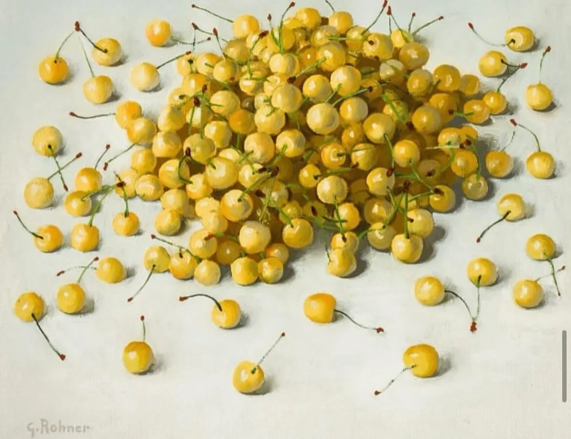 Yellow cherries by George Rohner (French, mid 20th century) 🍒💛🍒
Not all cherries are red! The Rainier sweet cherry was created in 1952, for example, by crossing two red varieties in WA. It was named after Washington State&rsquo;s largest mountain,