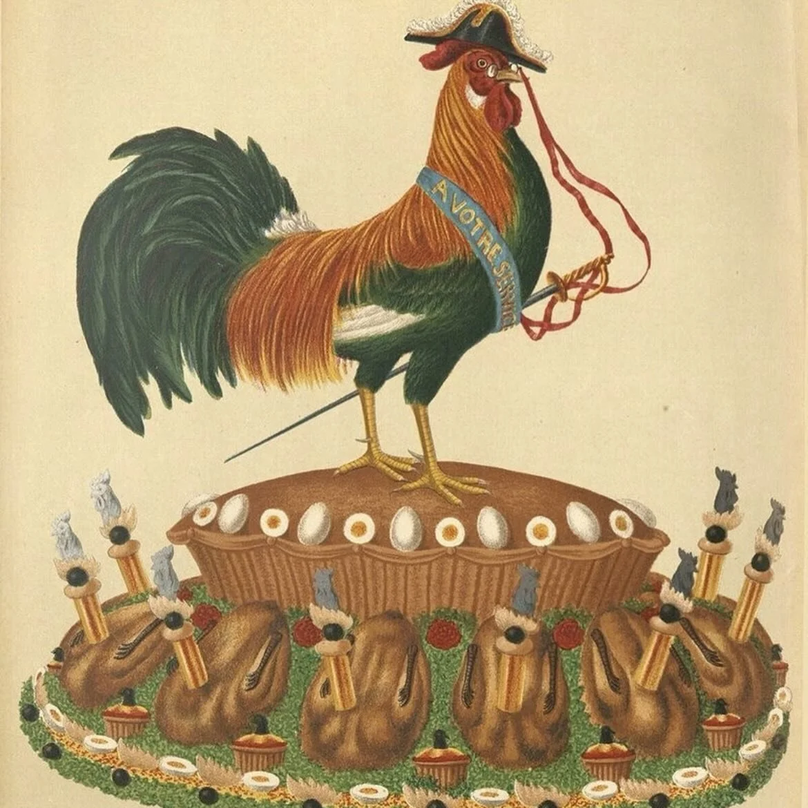 What about this for a centre piece? 🐓
This is one of the fantastical dishes illustrated in The Encyclopedia of Practical Cookery, published in London in 1898 and edited by Theodore Francis Garrett 🧑&zwj;🍳
Beneath the image, we find this descriptio