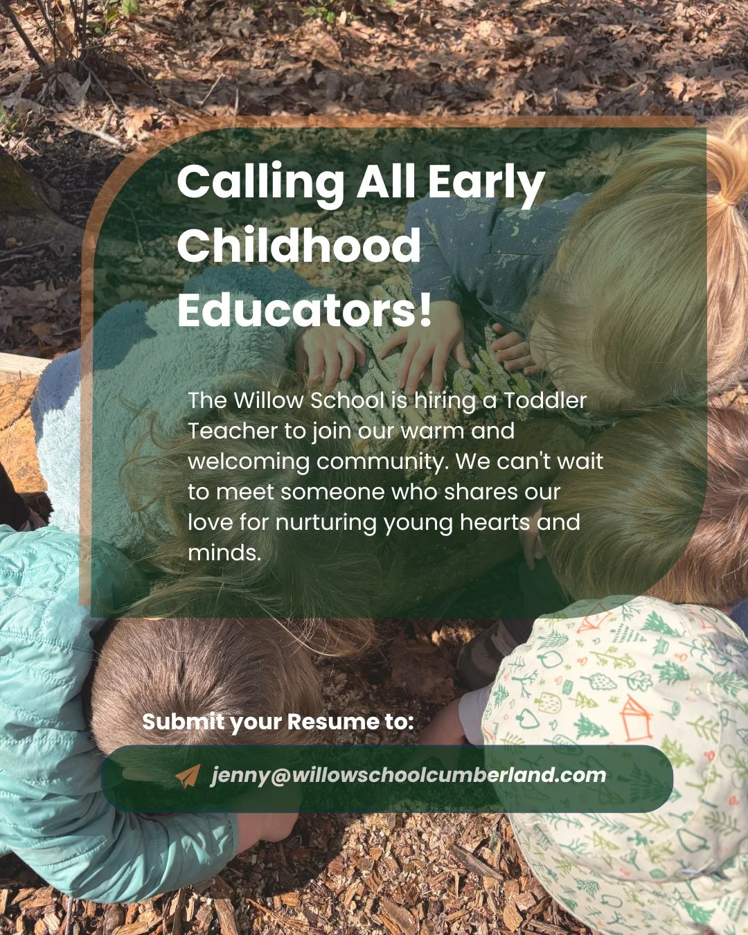 Help us plant the seeds for lifelong learning. Toddler Teacher applications are now open at The Willow School. 🌱 ⁠
⁠
Visit www.wilowschoolcumberland.com for the position details. ⁠
⁠
#NowHiring #JoinOurTeam #ToddlerTeacher #MontessoriTeacher #EarlyC