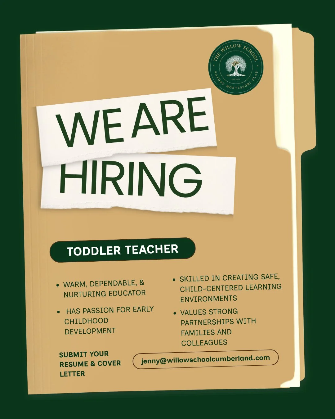 🌿 The Willow School is growing!⁠
⁠
We're looking for a compassionate and passionate Toddler Teacher to join our wonderful community.⁠
⁠
If you believe in creating a safe, nurturing, and joyful environment where little ones can learn and thrive, we'd