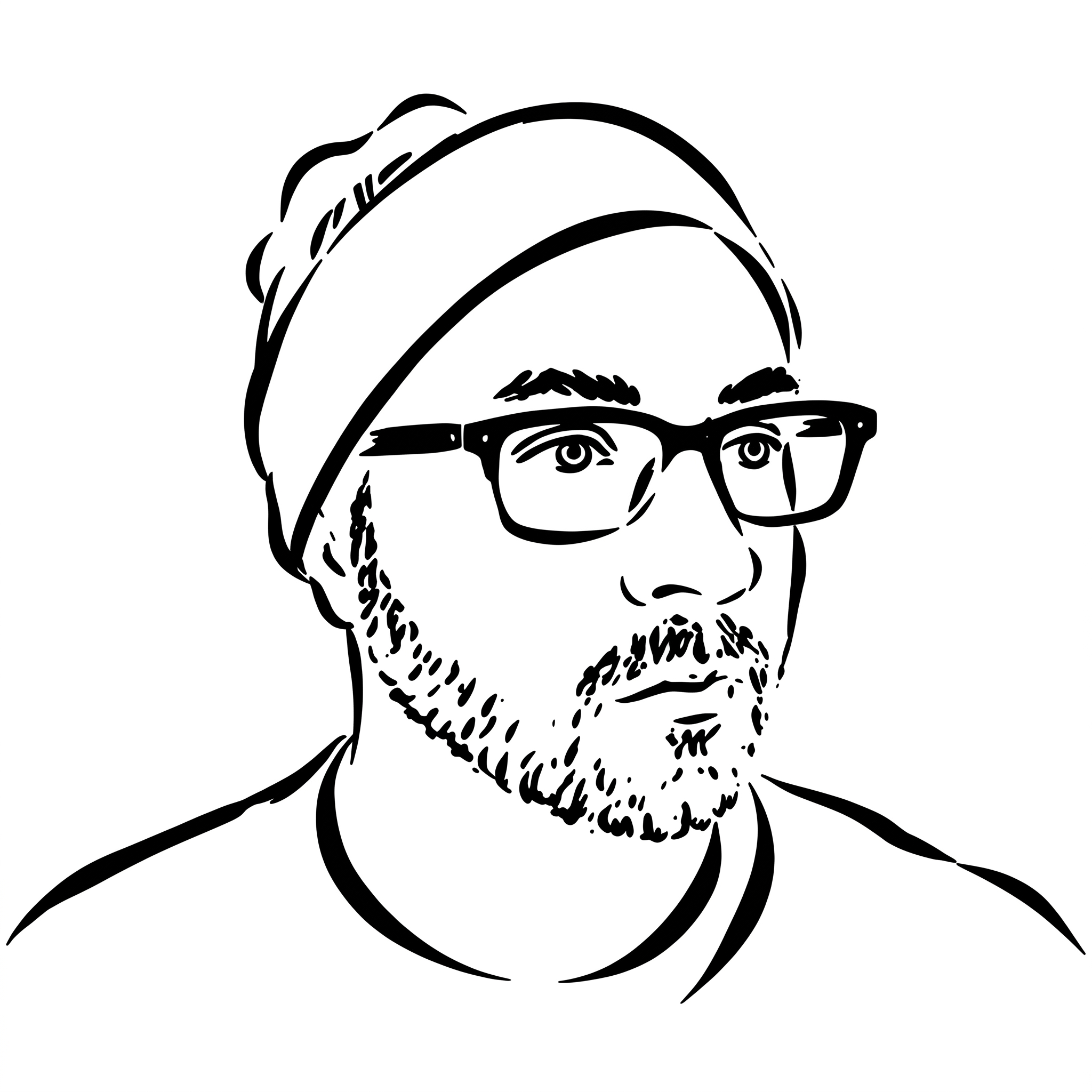 A black and white line drawing of a man wearing glasses, a hat, and a beard, looking directly at the viewer.
