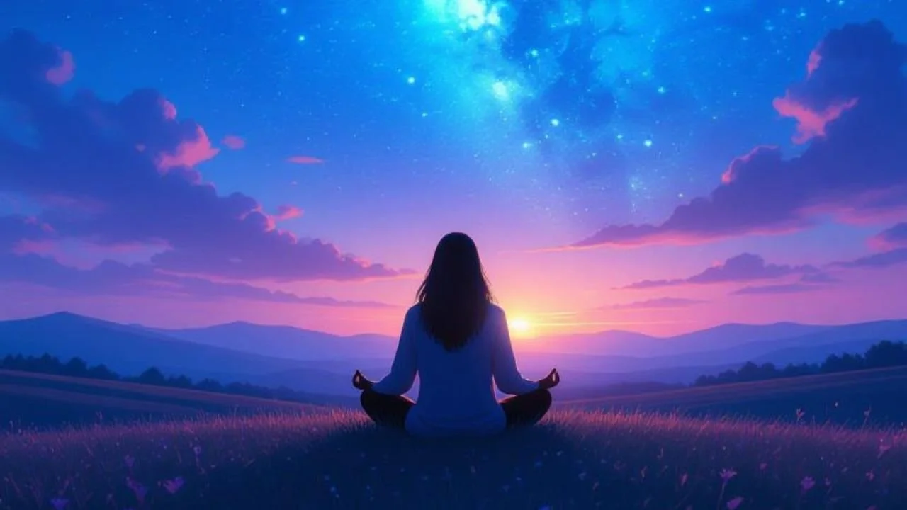 a woman meditating at dusk