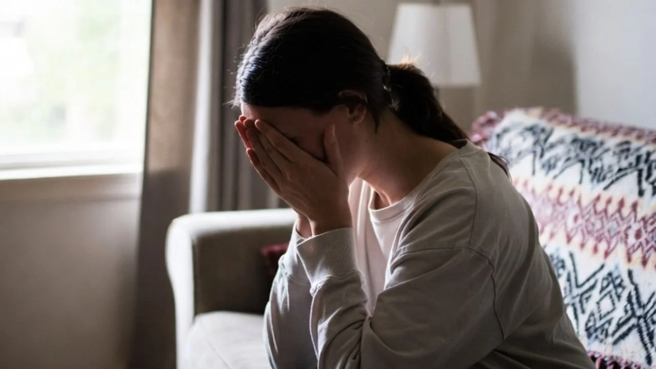 a woman crying in her living room
