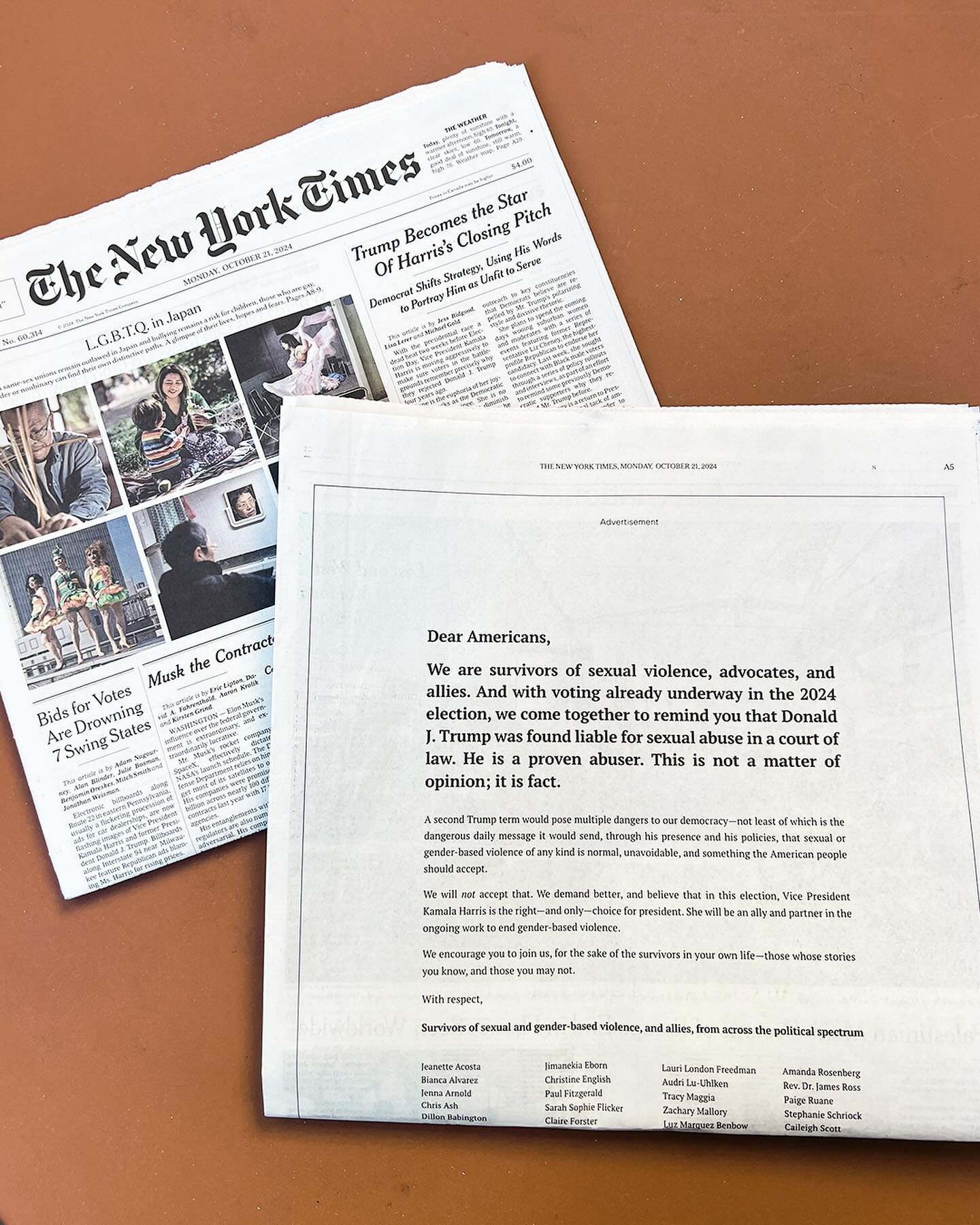 This week, I joined more than 150 survivors of sexual and gender-based violence, and allies, signing onto a full-page @nytimes ad in support of @KamalaHarris for president, and reminding American voters that Donald J. Trump is a proven abuser. Join m