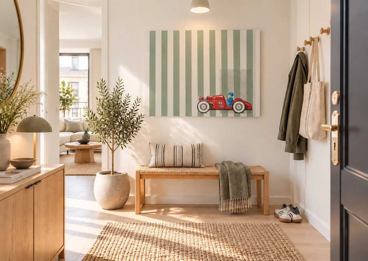 Sunlit-Scandinavian-Entryway-with-Vintage-Race-Car-Art.jpg