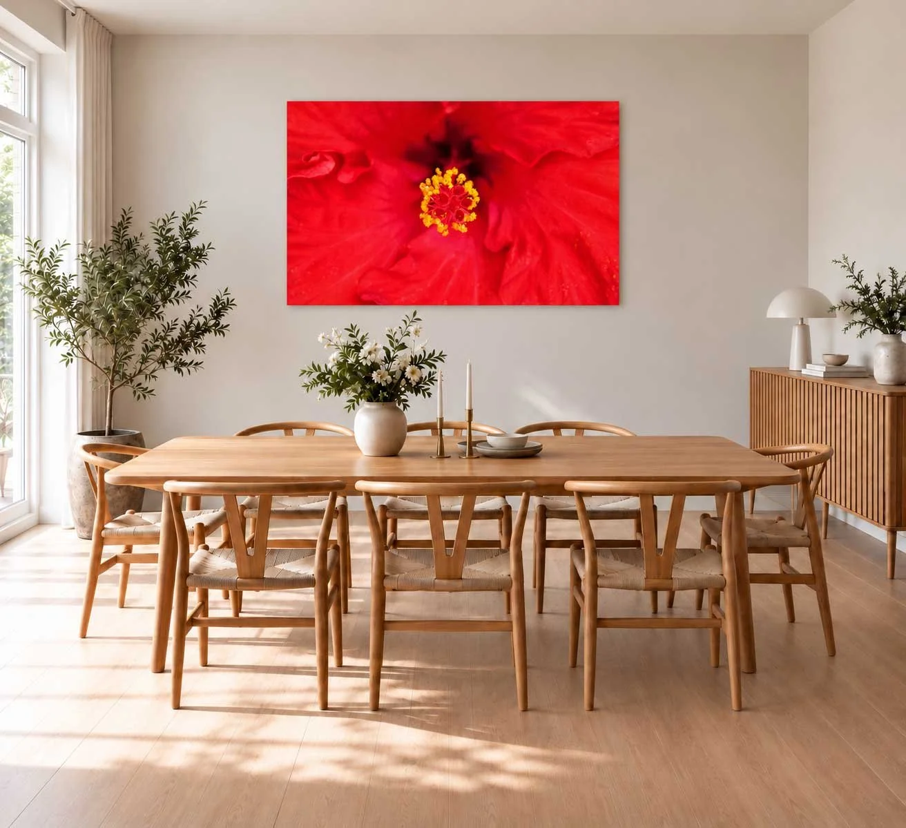 Skandinavisk-spisestue-med-rød-hibiscuskunst.jpg