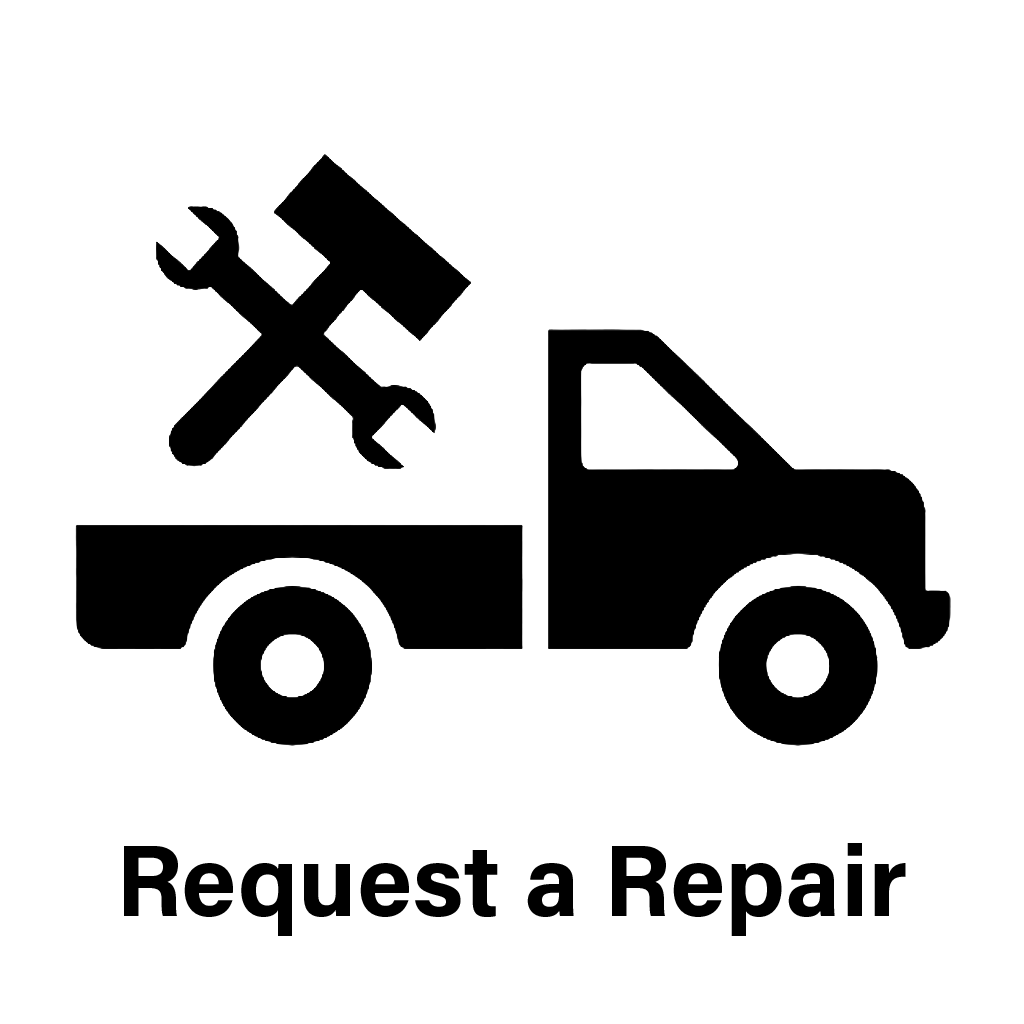 Outline of a pickup truck with a hammer and wrench crossed inside the bed of the truck.