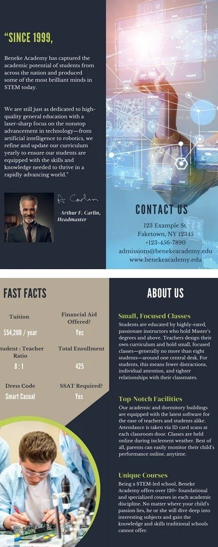 An educational infographic for Beneke Academy highlighting its history, contact information, fast facts, and features. It emphasizes its focus on STEM education, small classes, modern facilities, and unique courses with a mix of text, icons, and images of students in labs.