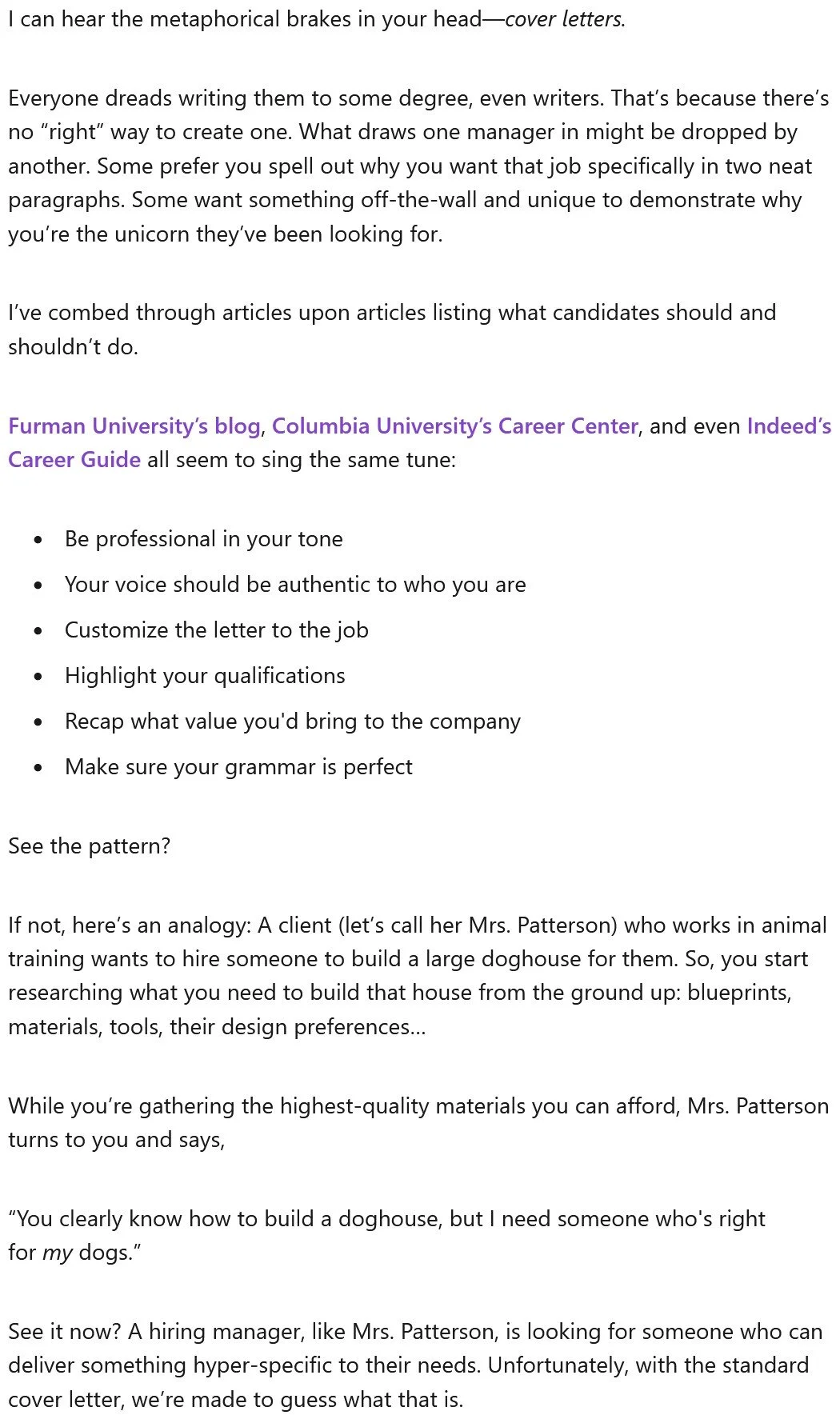 Screenshot of a text-based article discussing cover letters, job applications, and creating unique cover letters to stand out in the job market.
