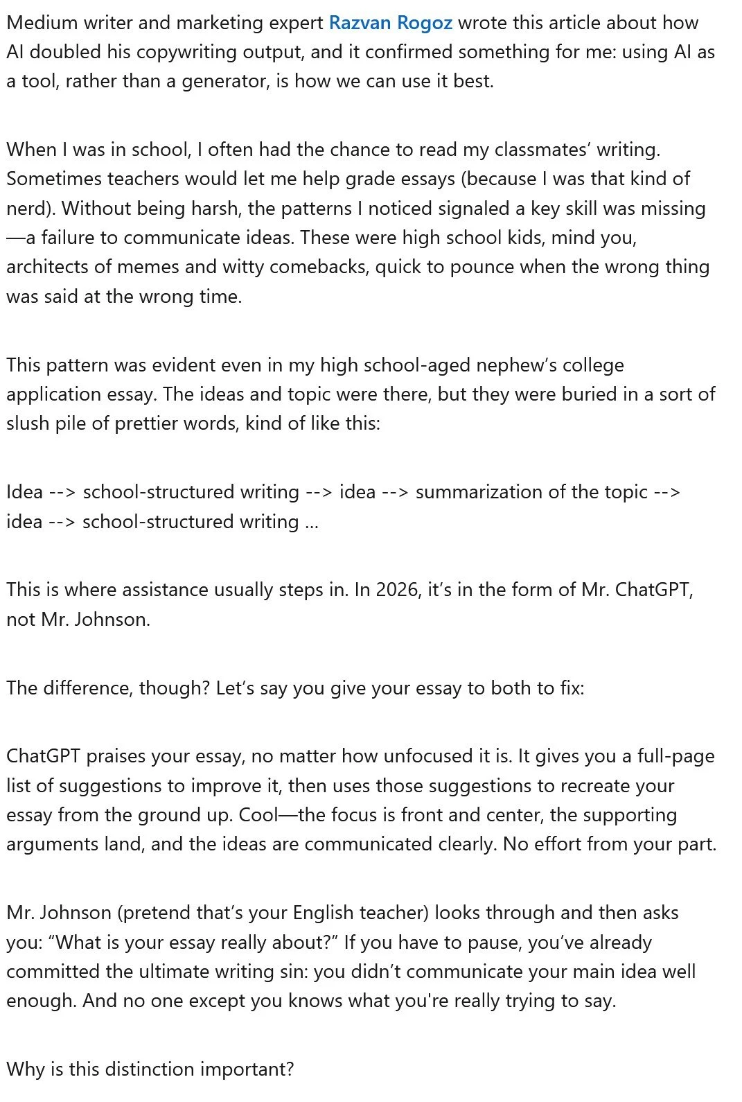 Image of a printed article discussing how AI can be used as a tool for writing and editing. The article mentions Razvan Rogozo, the importance of communication skills learned in school, and the role of ChatGPT in improving essay writing. It also humorously references a fictional scenario where Mr. ChatGPT helps fix an essay, emphasizing the difference between giving feedback and actual understanding.