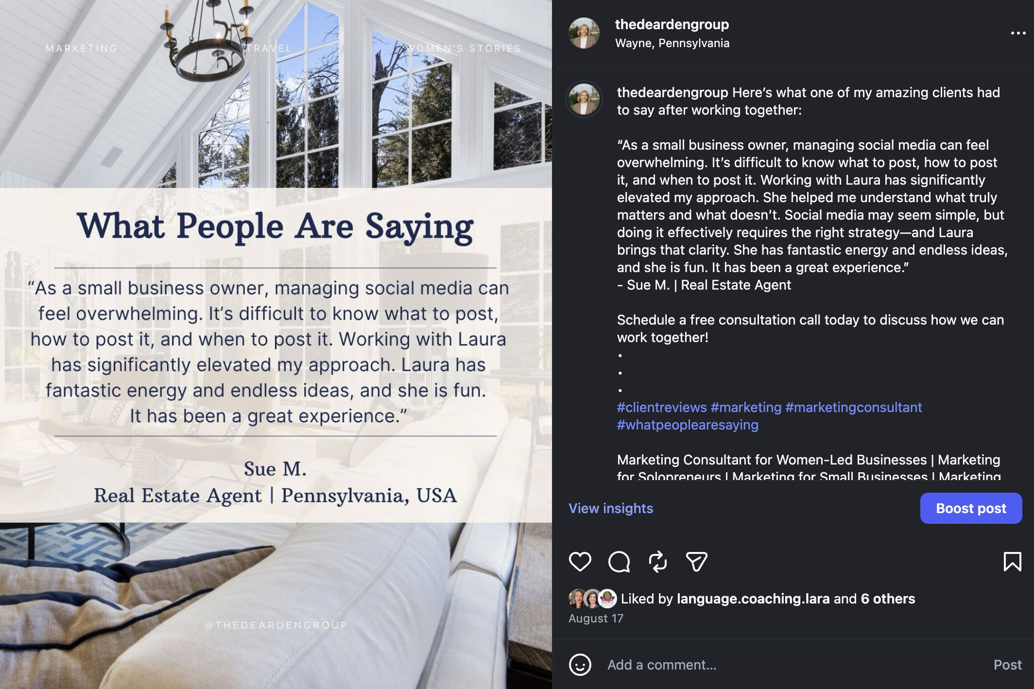 A testimonial from Sue for The Dearden Group shared on Instagram.
