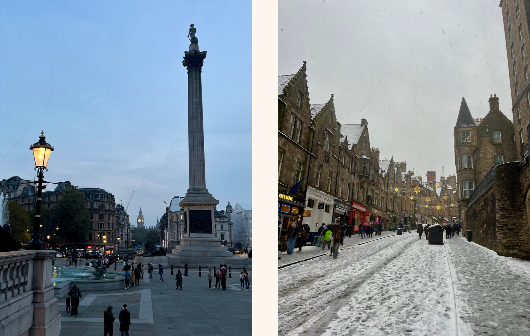 London Trafalgar Square. Edinburgh Cockburn Street in snow.