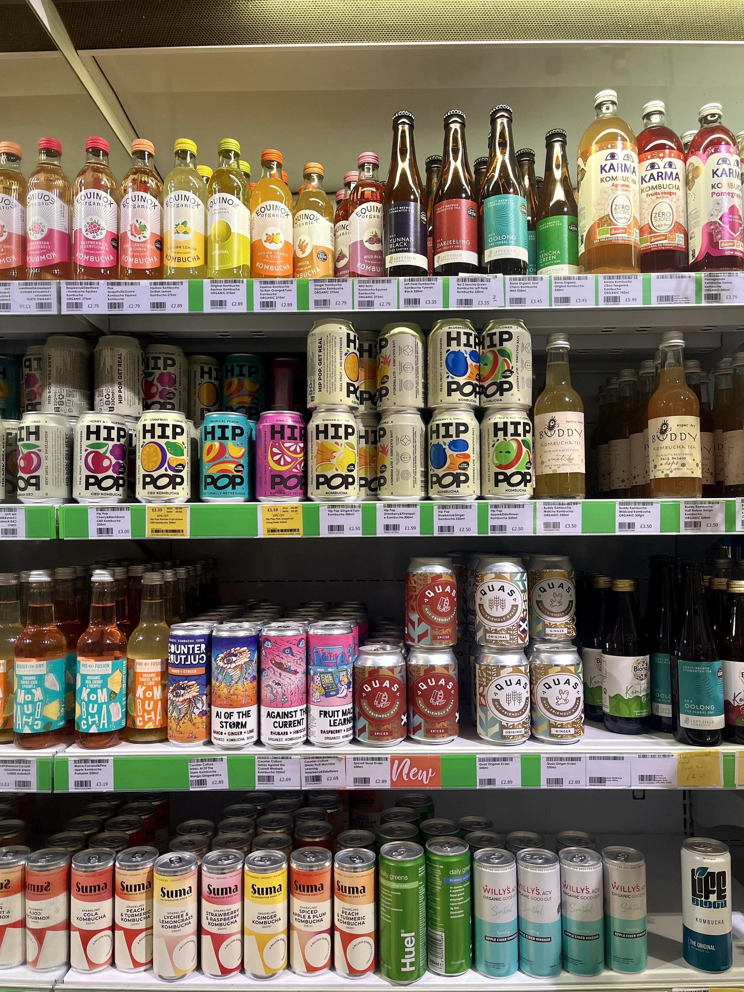 Gut healthy sparkling drinks at a grocery store