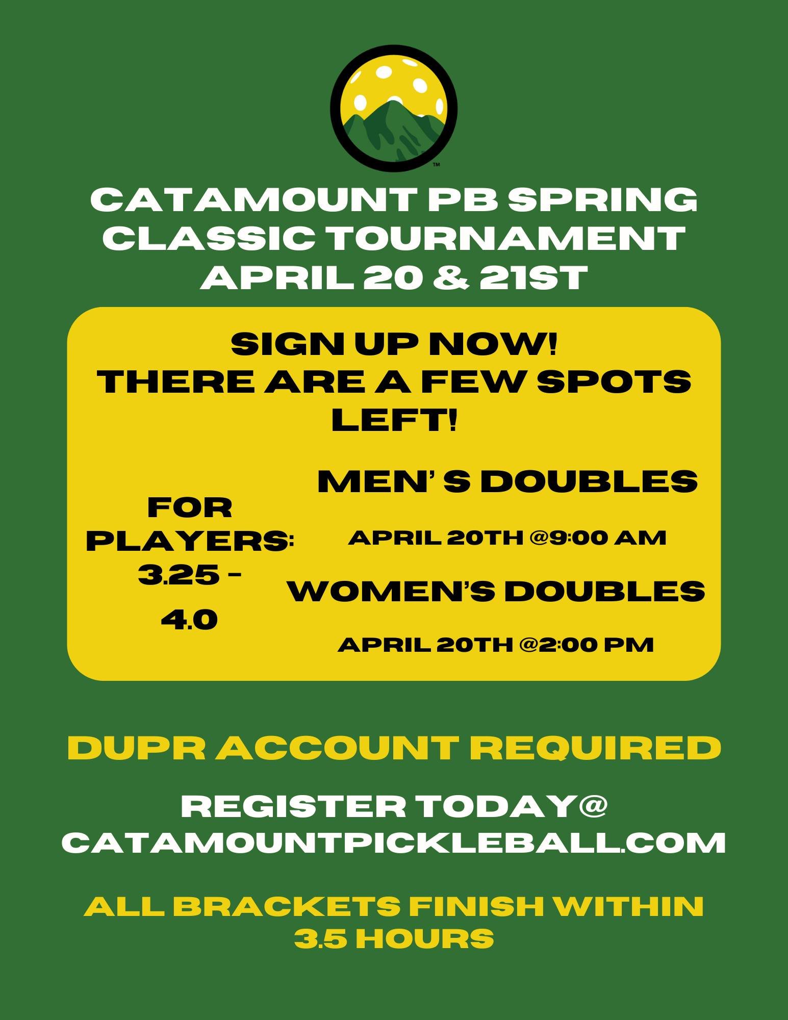 Spots are filling up for our Spring Classic Tournament!
Sign up today and compete for custom medals and prizes!
A huge thank you to our sponsors @diademsports &amp; @alpineshopvt for supporting us!

#pickleballvt #catamountpbcrew