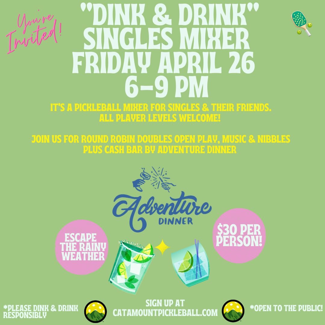 We&rsquo;re having our First Singles mixer Friday April 26th from 6-9pm!

Join solo or with your friends for social play! Come for dinks &amp; drinks!

We&rsquo;ll have nibbles &amp; music and a cash bar from @adventuredinner! 

Mix it up, make some 