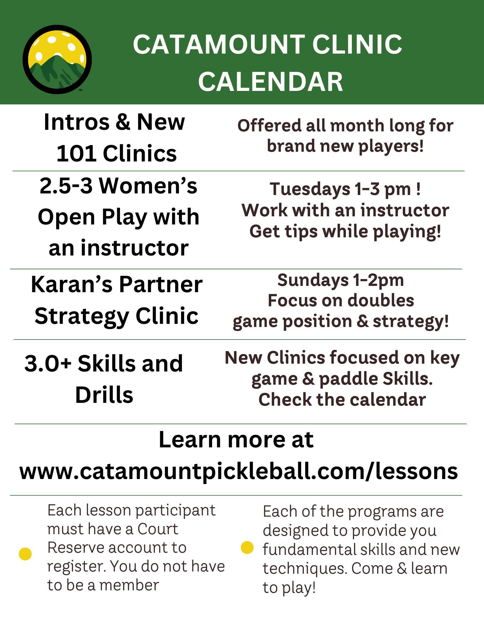 Check out our May Clinic Calendar!
We're added new instructors, more learning 
and now have clinics for the brand new player up to 
the advanced intermediate seeking new skills.
Sign up is open for all lessons now!

#pickleballvt #catamountpbcrew