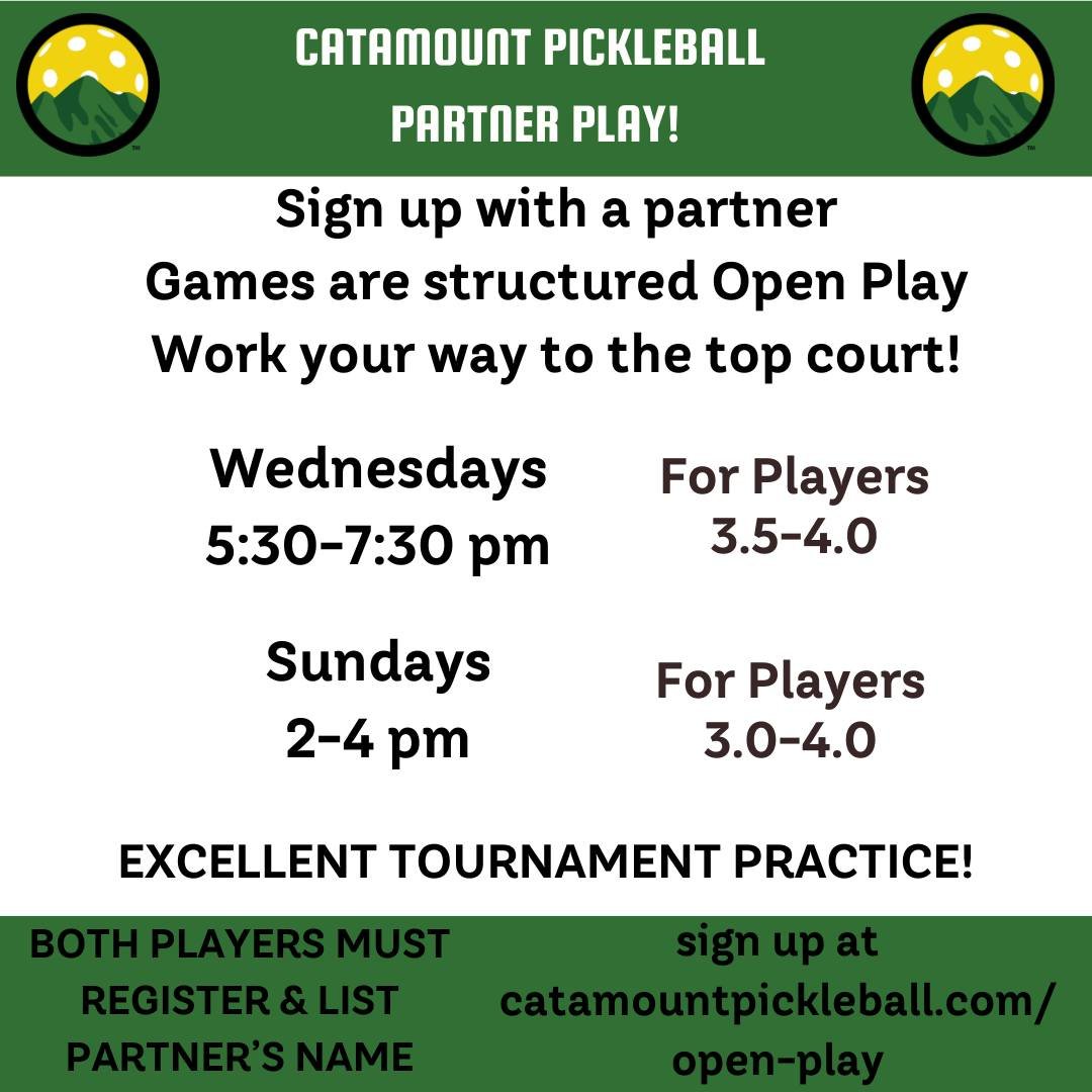 Join us on Wednesdays and Saturdays for Partner Open play! 
It's a great way to practice for tournaments, have some fun and meet some great players in a friendly, competitive setting. 
You'll play at least 8 games in 2 hours! 
Both players need a Cou