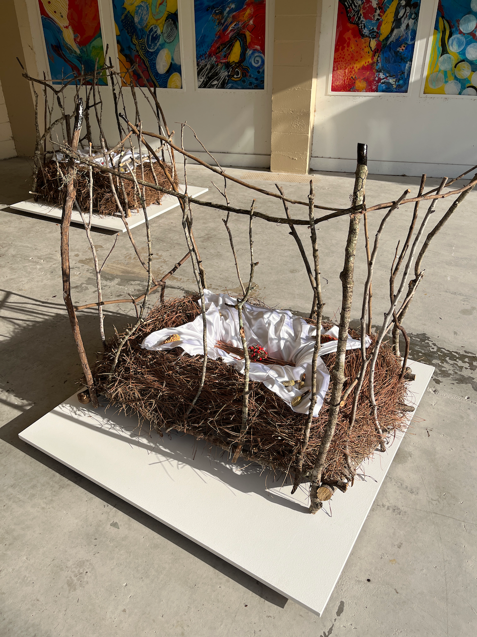 Crib
Branches, copper, wire, pine needles, twine, wax, magnolia seed pods, copper, offering shroud
33x43x30 inches
2023