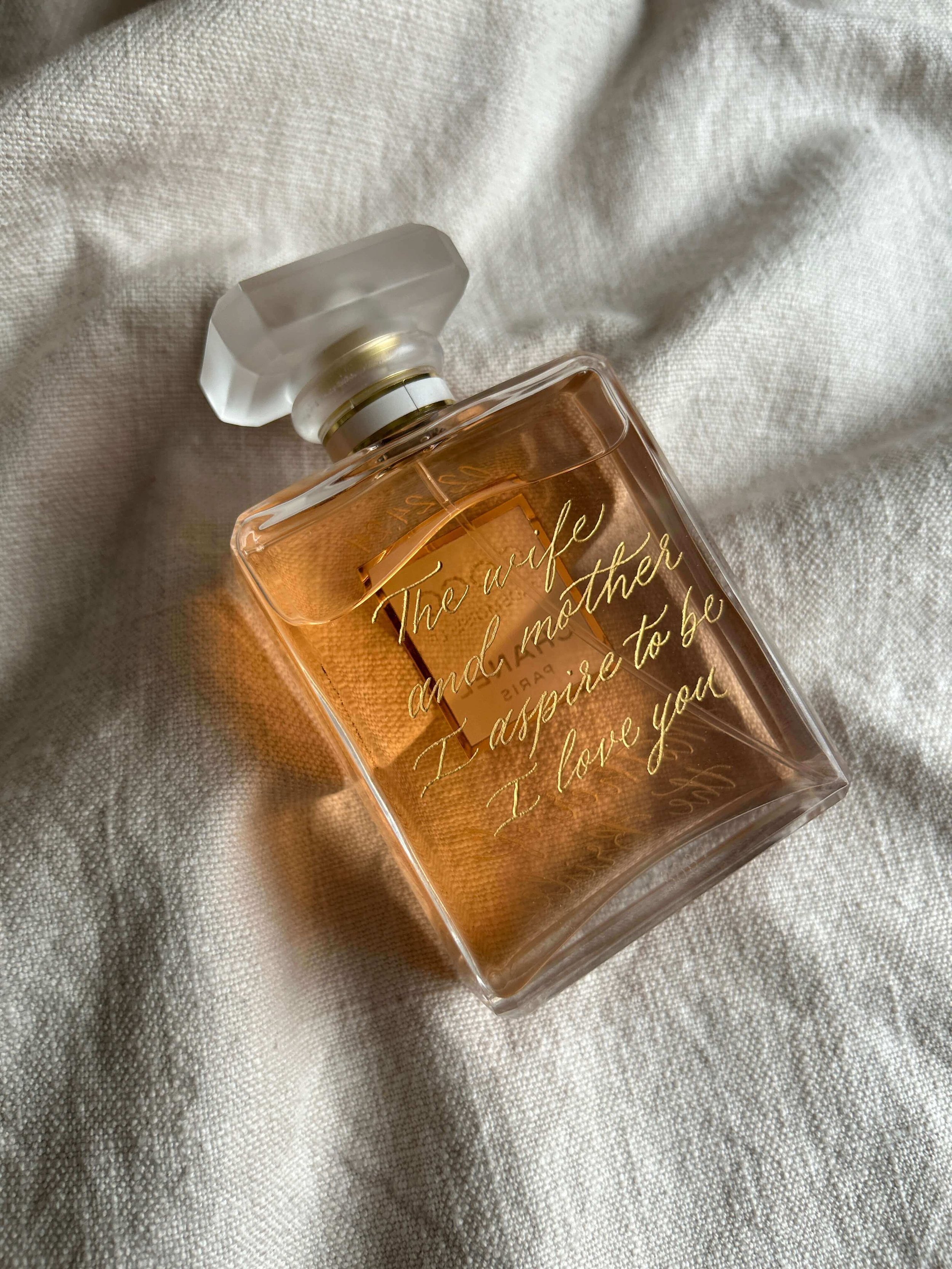 Hand engraved perfume bottle, Chanel Coco Mademoiselle