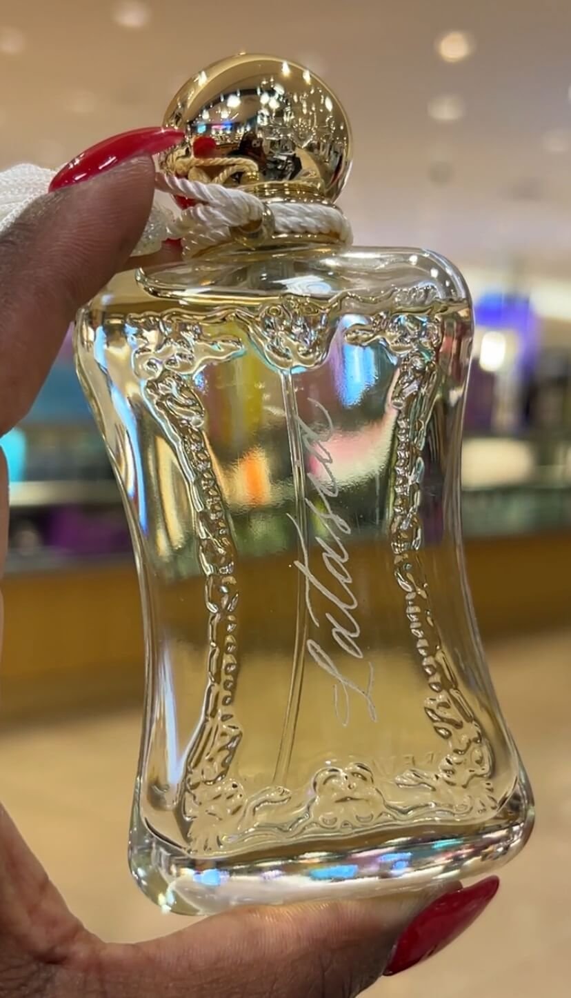 Hand engraved perfume bottle, Parfums de Marly Meliora
