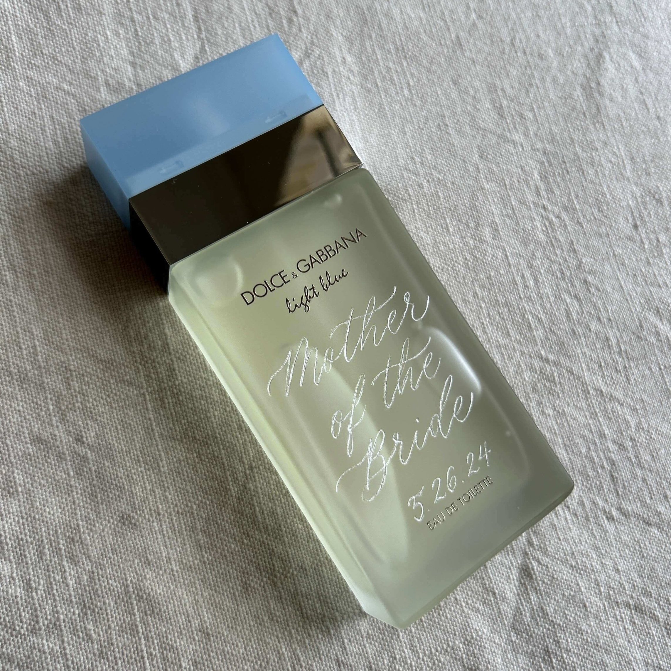 Hand engraved perfume bottle, Dolce and Gabbana Light Blue