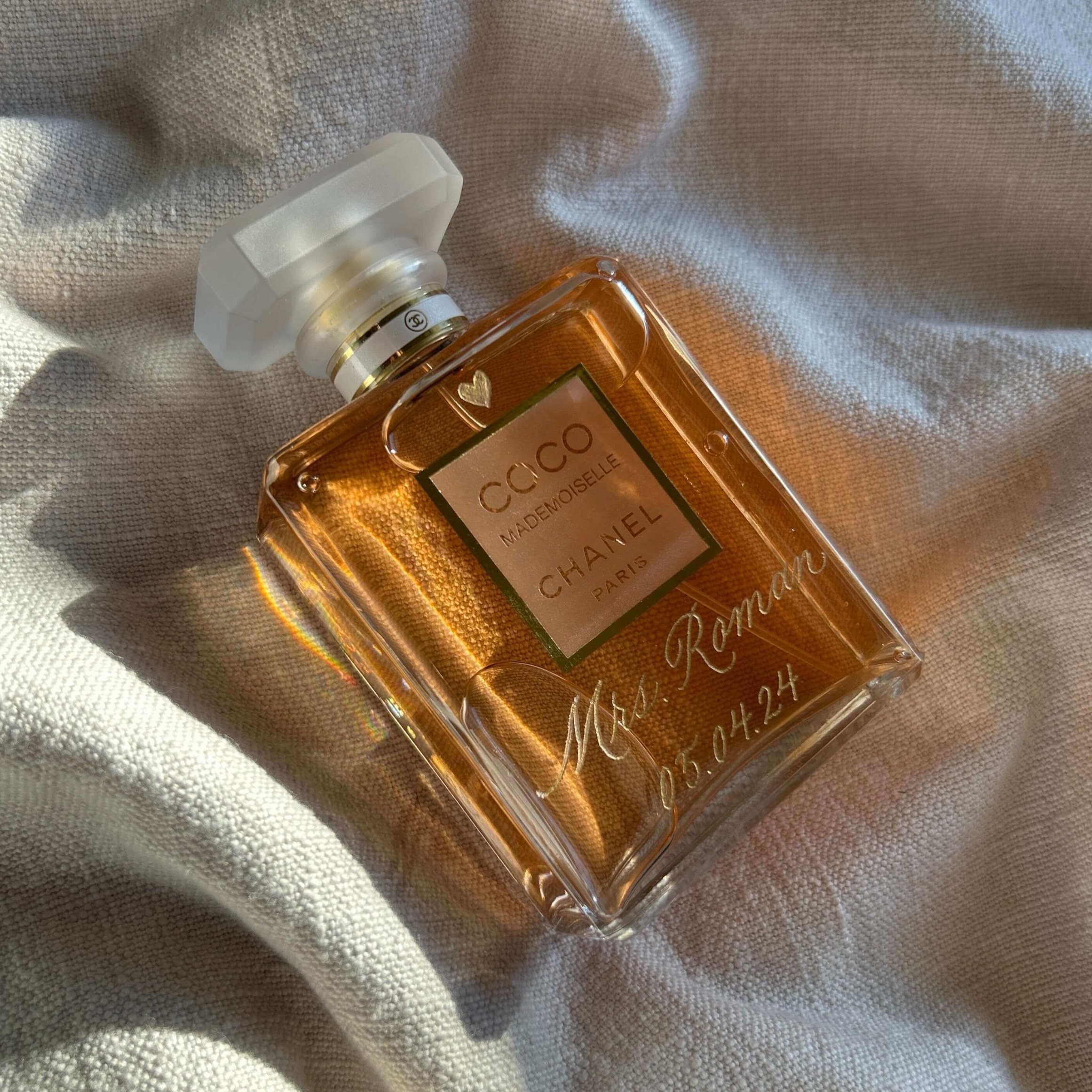 Hand engraved perfume bottle, Chanel Coco Mademoiselle