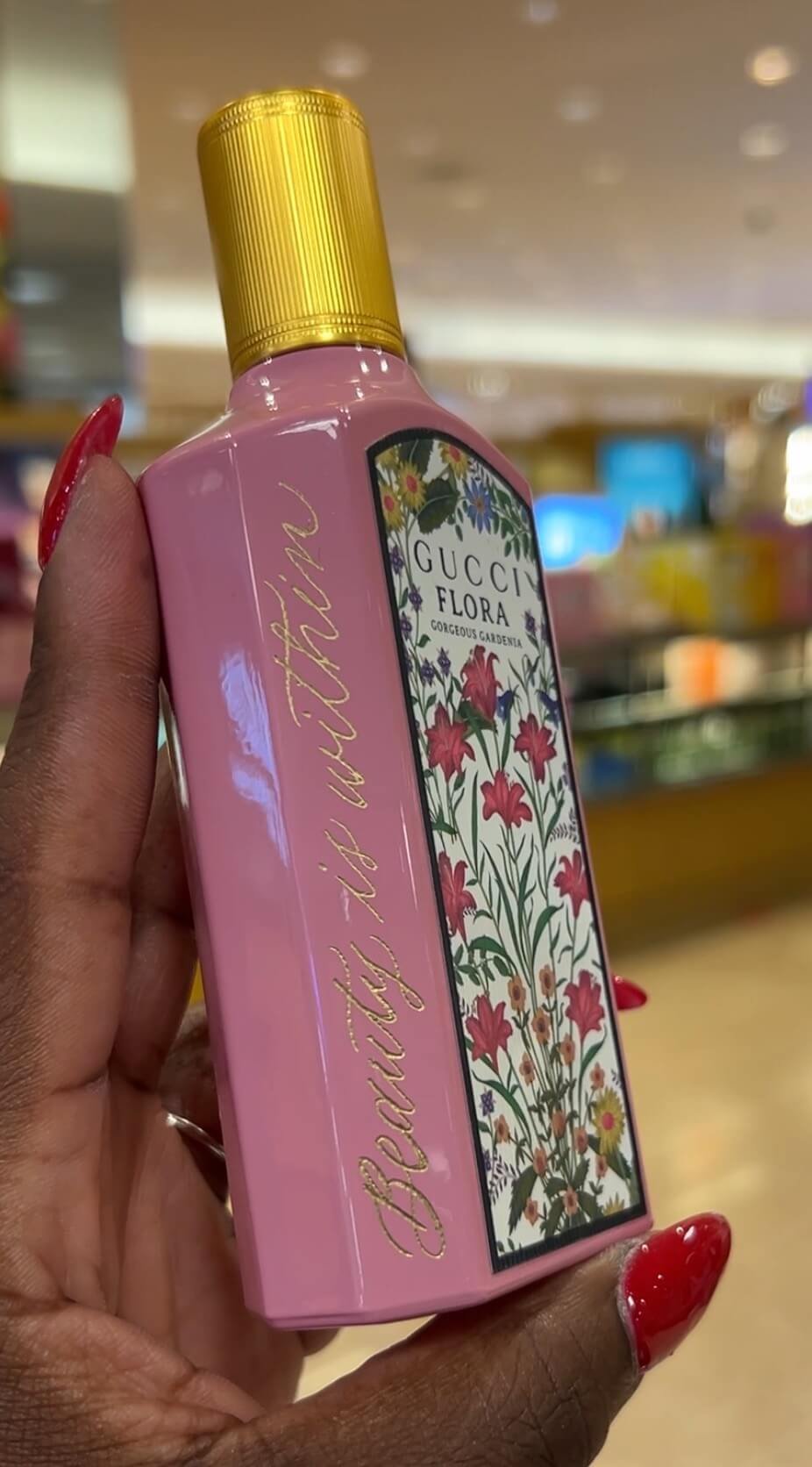 Hand engraved perfume bottle, Gucci Flora Gorgeous Gardenia