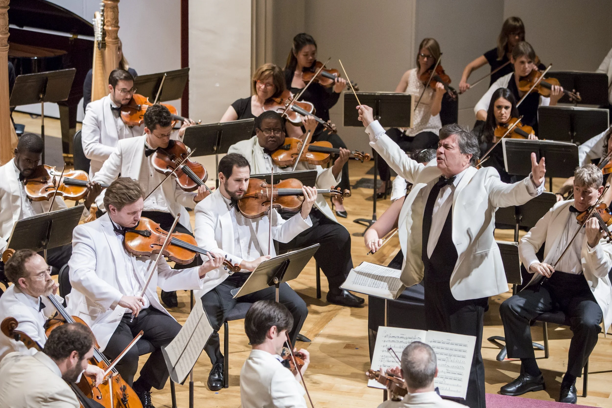 Conductor leading an orchestra during a performance with musicians playing violins, cellos, and other string instruments, all dressed in formal attire.