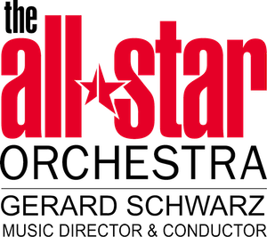 Logo of The All-Star Orchestra with Gerard Schwarz, music director and conductor, featuring red text and a red star.