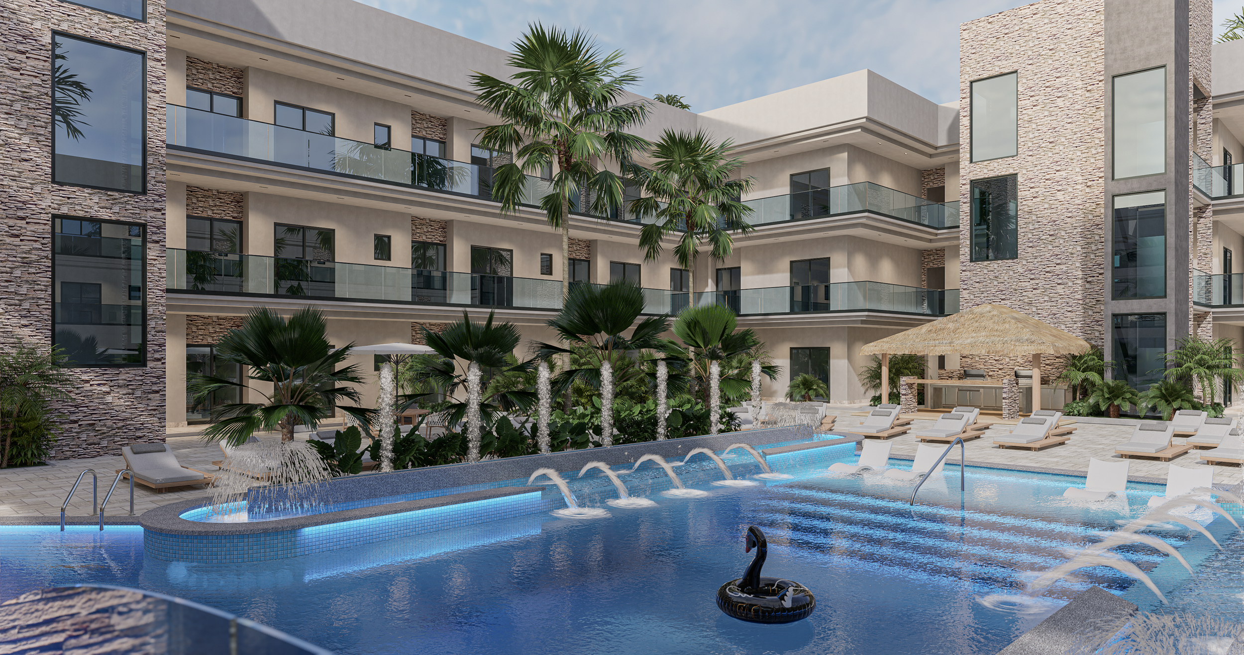 Luxury apartment complex with a outdoor swimming pool, tropical plants, lounge chairs, and a shaded tiki hut.