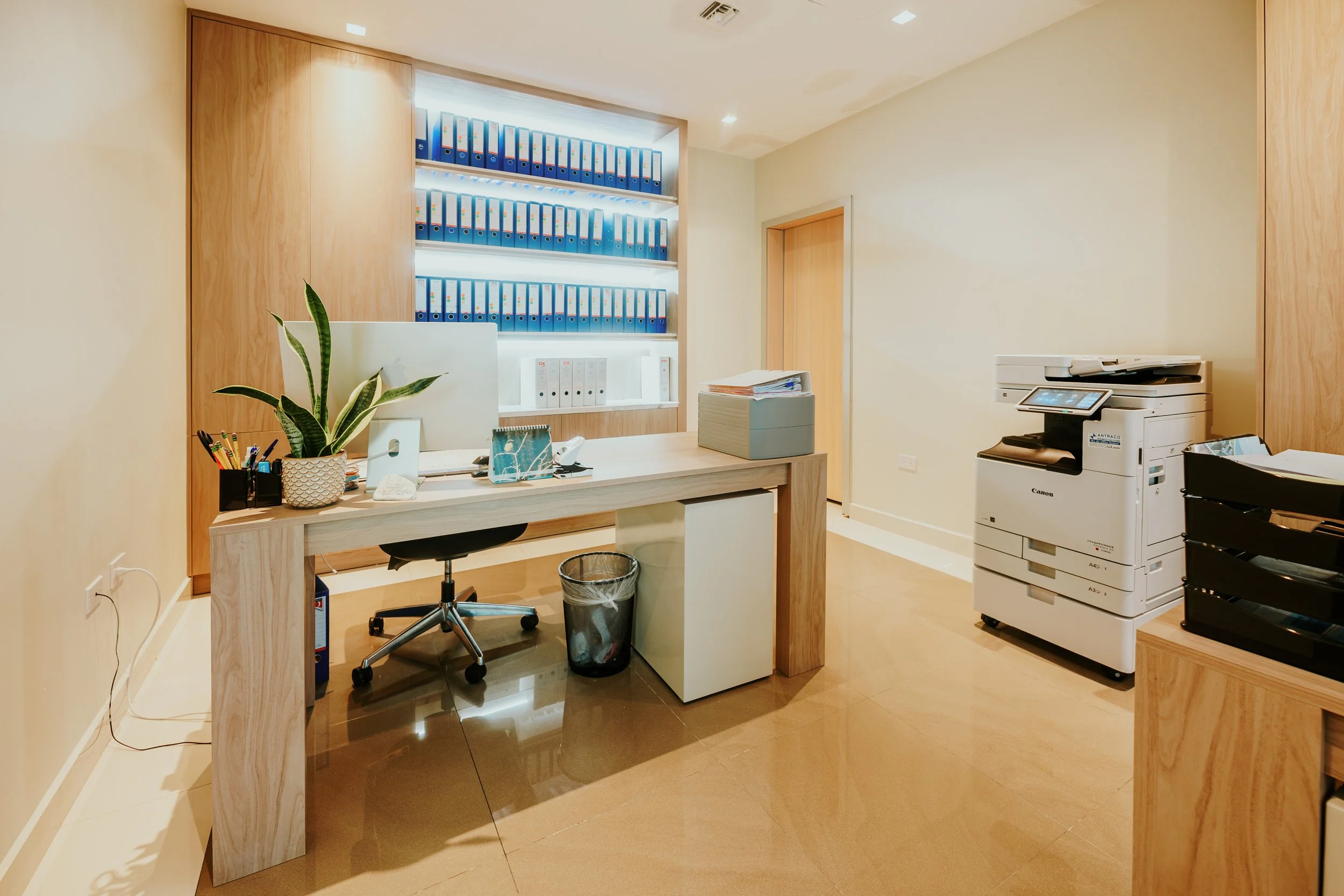 Office reception area with a desk, a black swivel chair, a potted plant, a photocopier, and shelves filled with binders