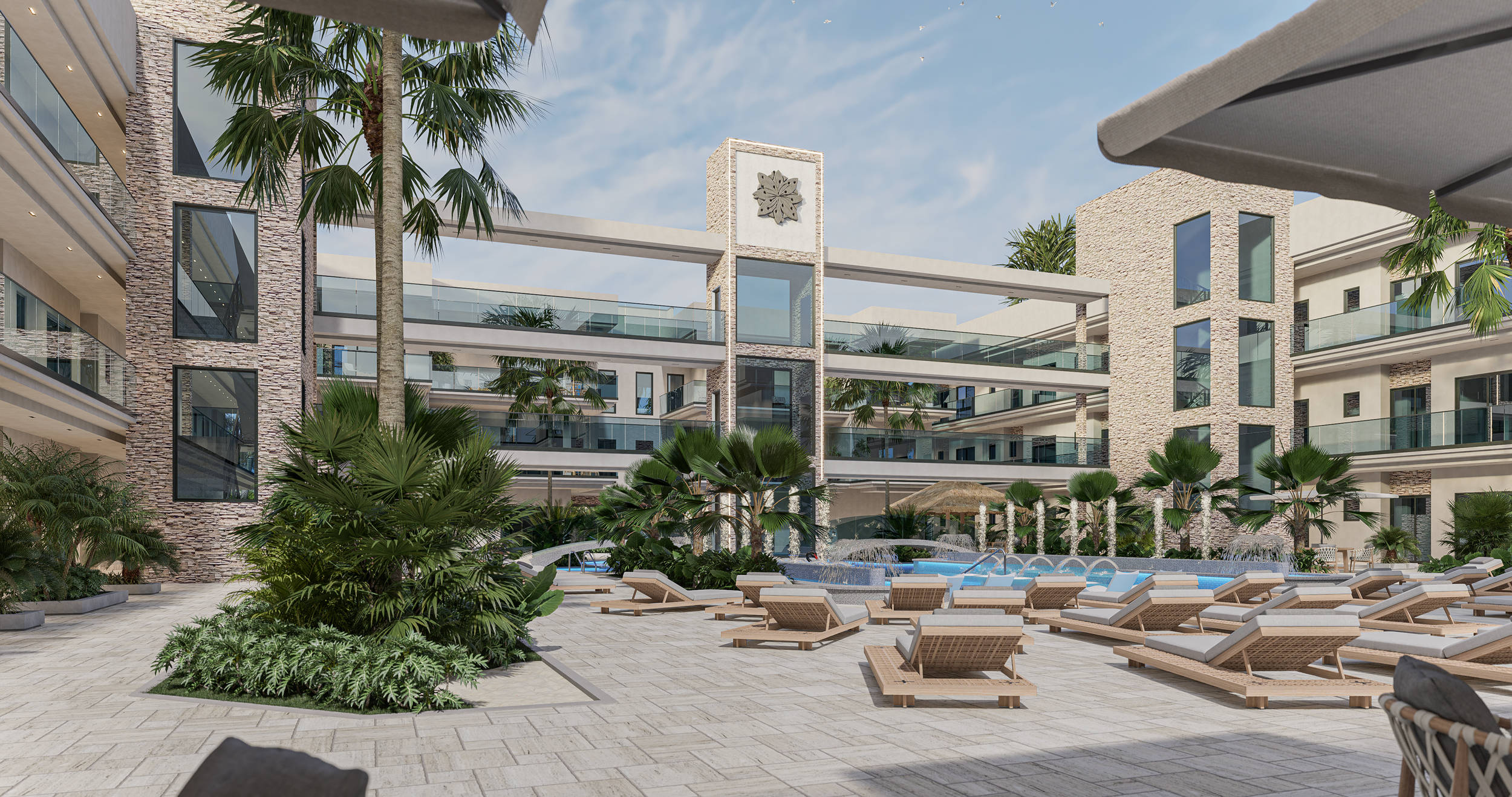 A luxury hotel courtyard with a pool, lounge chairs, palm trees, and modern architecture, under a partly cloudy sky.
