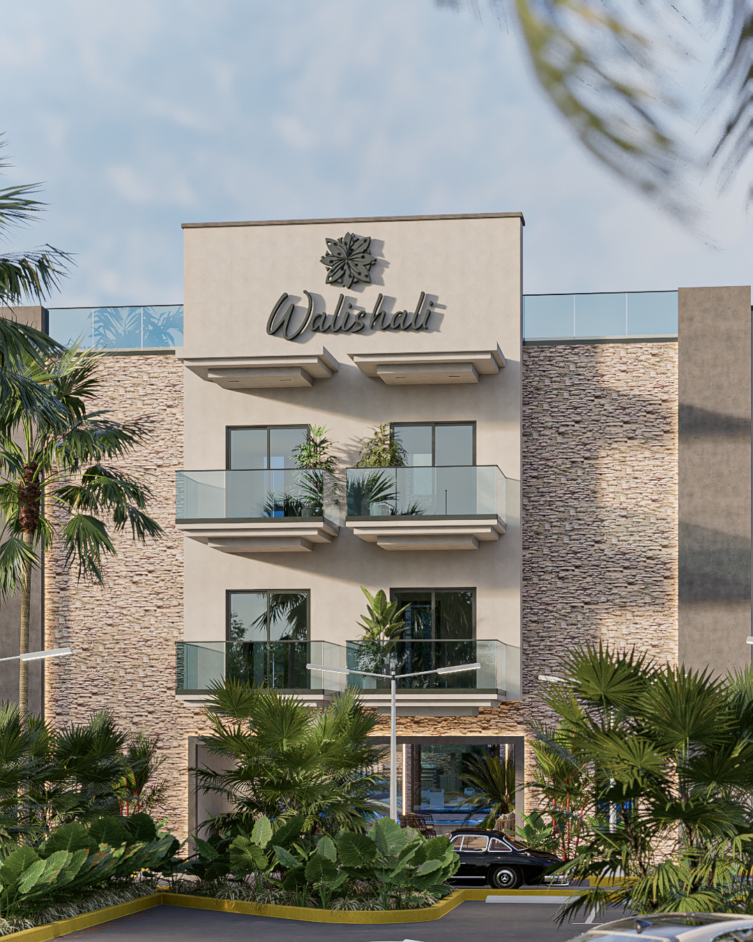Front view of a modern multi-story building with a sign that says 'Walshardt' and a decorative flower logo above it. The building has glass balconies with plants and sliding doors. There are palm trees and lush greenery in the foreground, and a black