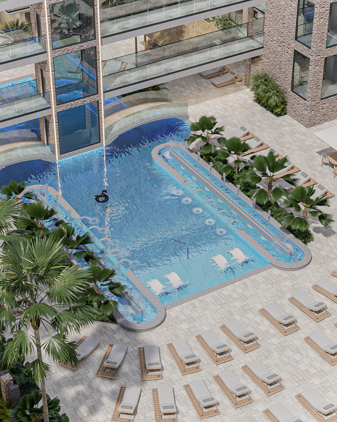 An outdoor hotel pool area with lounge chairs, lush green plants, and surrounding modern apartment buildings.